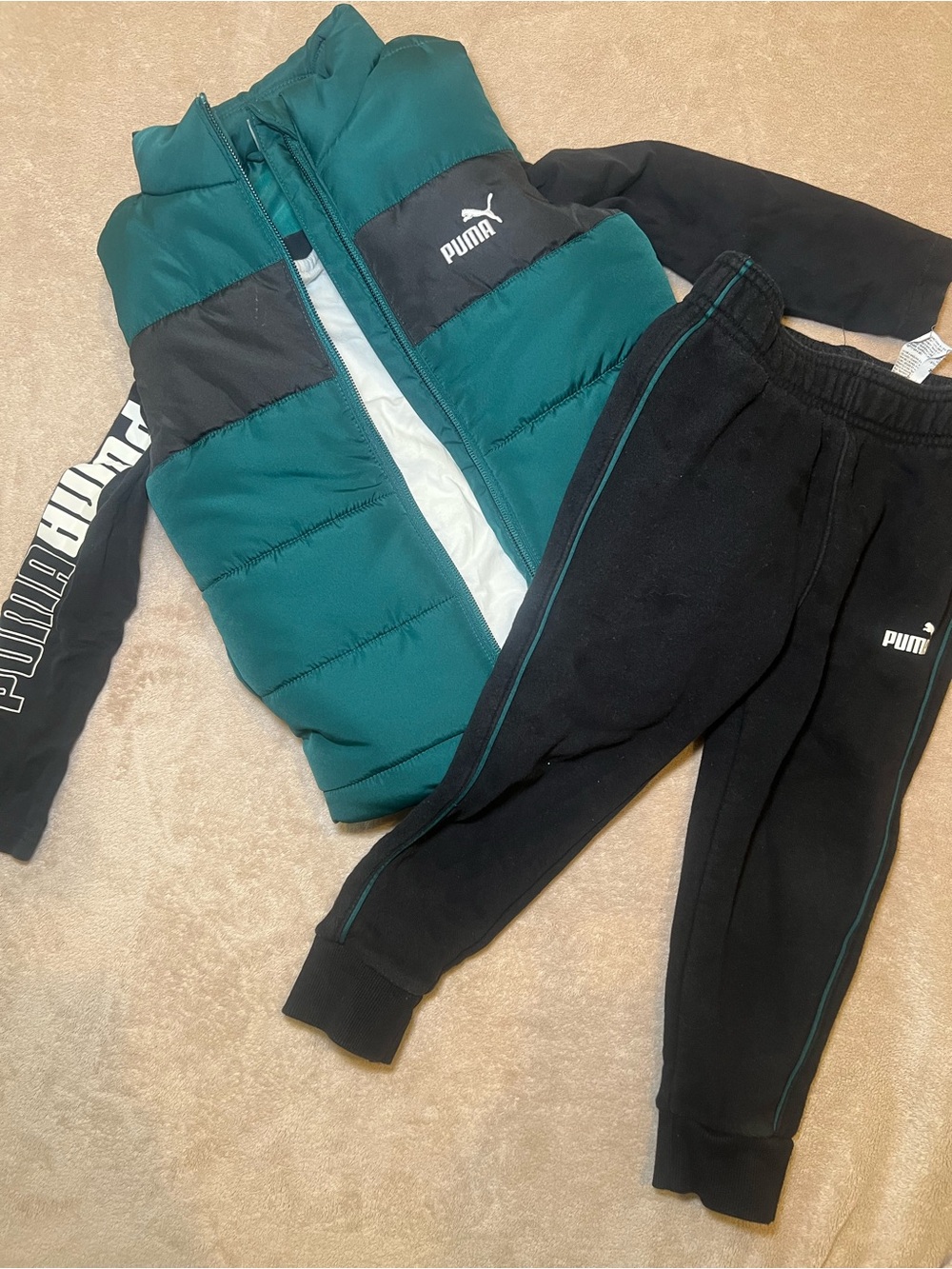Puma Teal and Black Kids Puffer Vest with Black Joggers